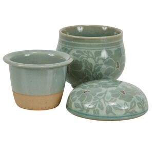 Celadon 3 Piece‎ Porcelain Ceramic Tea Caddy with Floral Design and Infuser